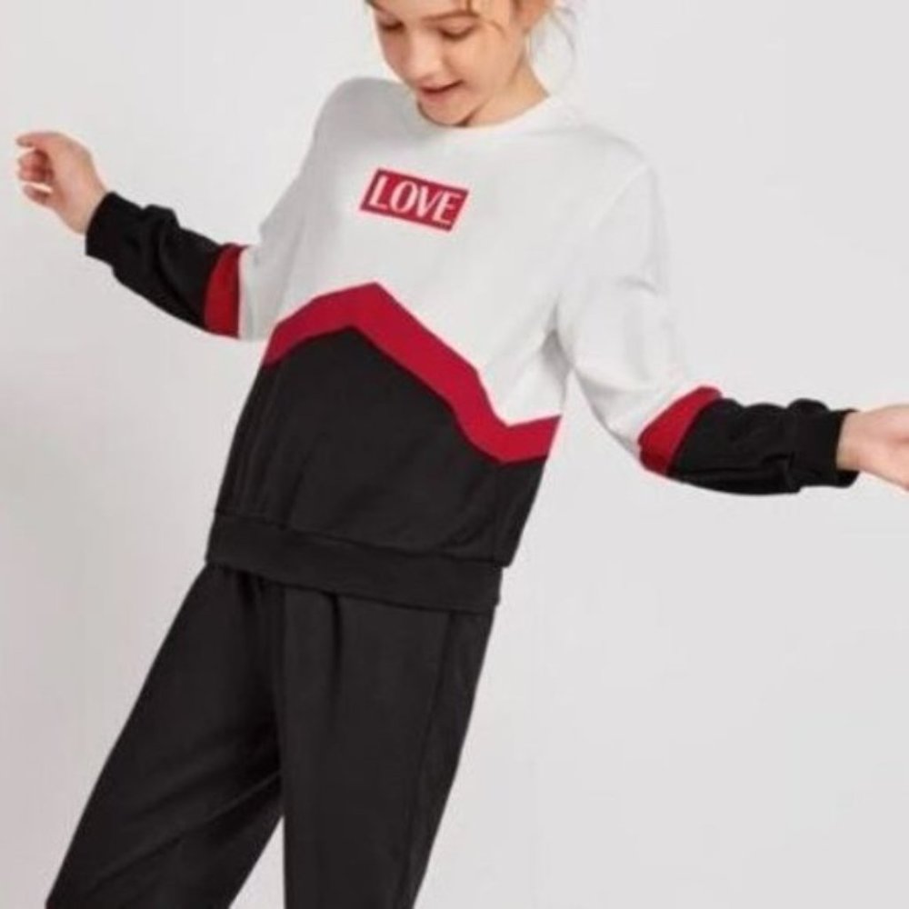SHEIN Girls Letter‎ Print Colorblock Pullover Love